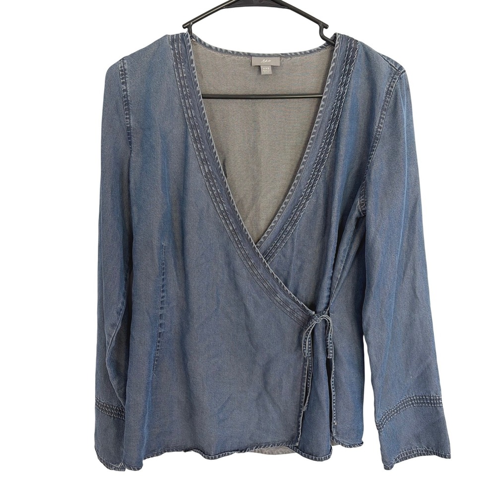 J Jill Women Blue Chambray Boho Minimalist Wrap Top Tencel Lyocell Tie Front XXS